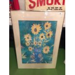 A LARGE FRAMED PRINT OF SUNFLOWERS IN A VASE