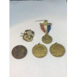 FIVE VARIOUS MEDALS ONE WITH A RIBBON