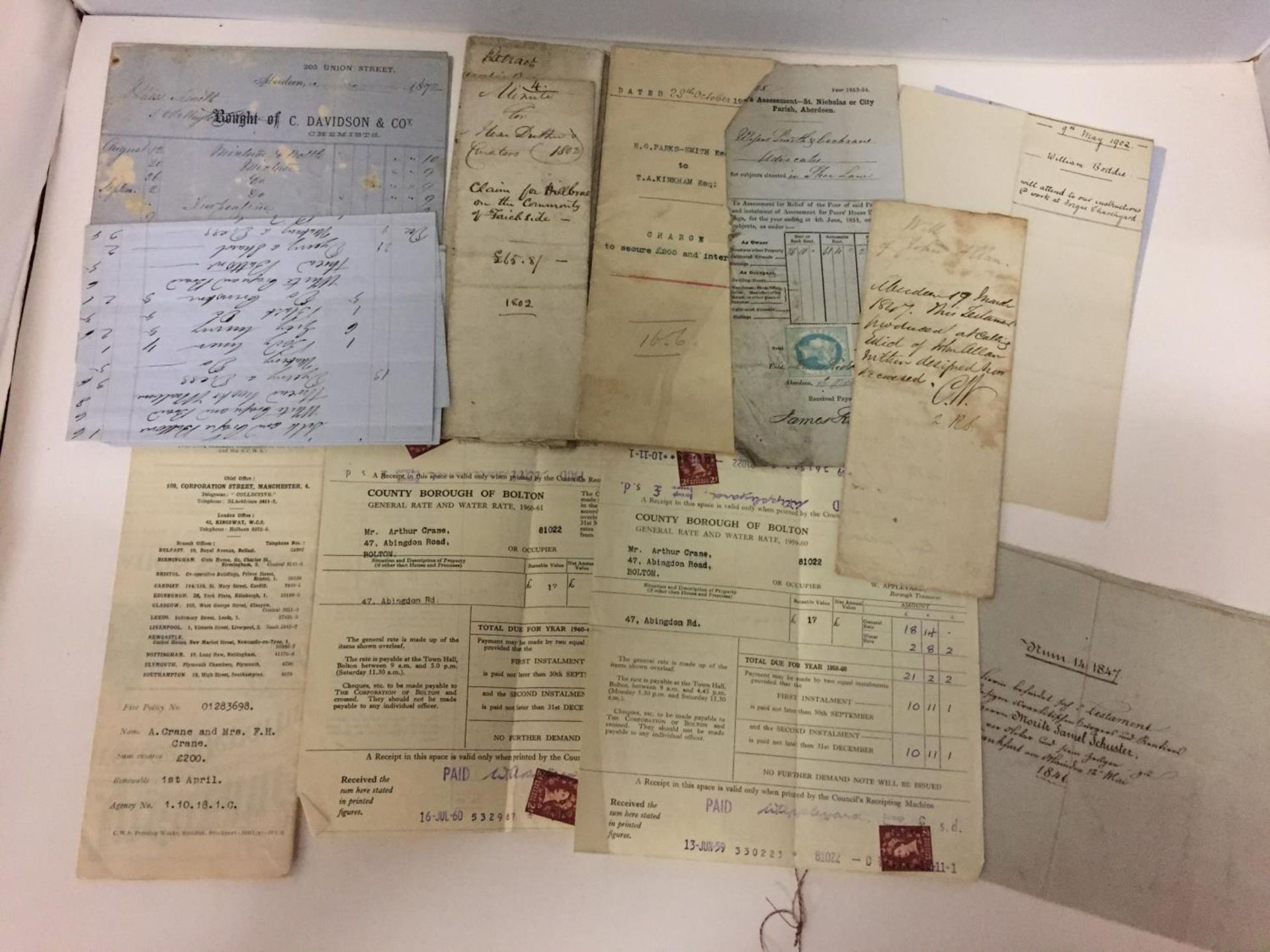 VARIOUS EPHEMERA TO INCLUDE 19TH/20TH CENTURY LEGAL DOCUMNETS - CONTRACTS, WILLS, ACCOUNTS, POLICIES - Image 2 of 12