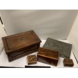 FIVE TREEN LIDDED BOXES OF VARIOUS SIZES SOME WITH INLAY