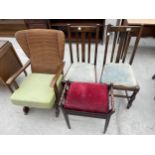 AN EARLY 20TH CENTURY STOOL, TWO OAK DINING CHAIRS AND A PARKER KNOLL STYLE ROCKING CHAIR