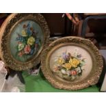 TWO DECORATIVE CIRCULAR GILT FRAMED PICTURES OF STILL LIFE FLOWERS SIGNED JANSEN
