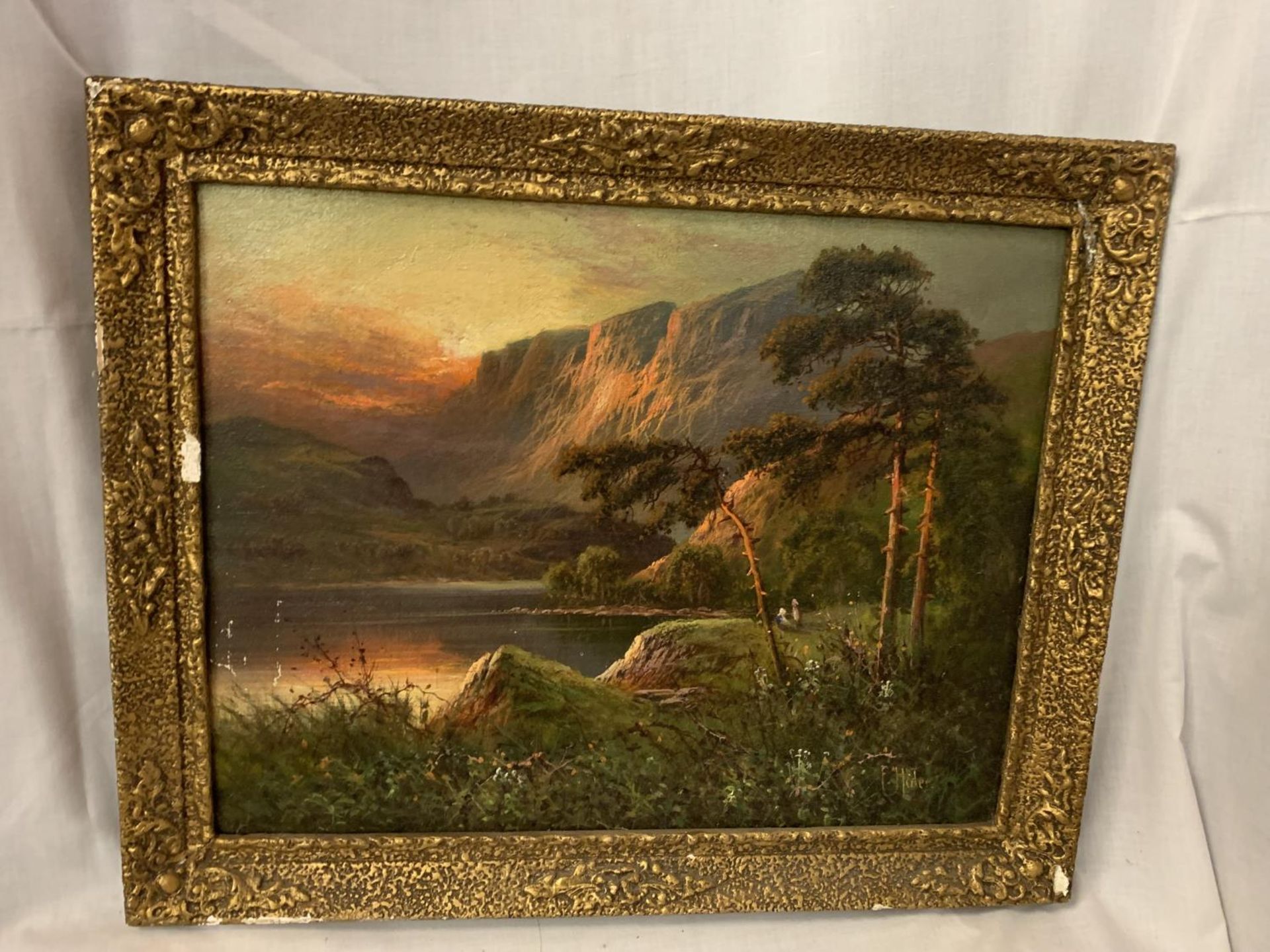 A FRANK HILDER (BRITISH 1861-1933) OIL ON CANVAS OF A MOUNTAINOUS SCENE SIGNED 35CM X 44CM (SOME