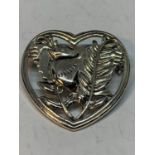 A MARKED DENMARK SILVER HEART SHAPED BROOCH WITH BIRD AND LEAF DESIGN