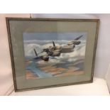 A FRAMED SIGNED LIMITED EDITION 1/25 COLOURED PRINT OF A LANCASTER BOMBER BY ARTHUR KING 29CM X 39CM