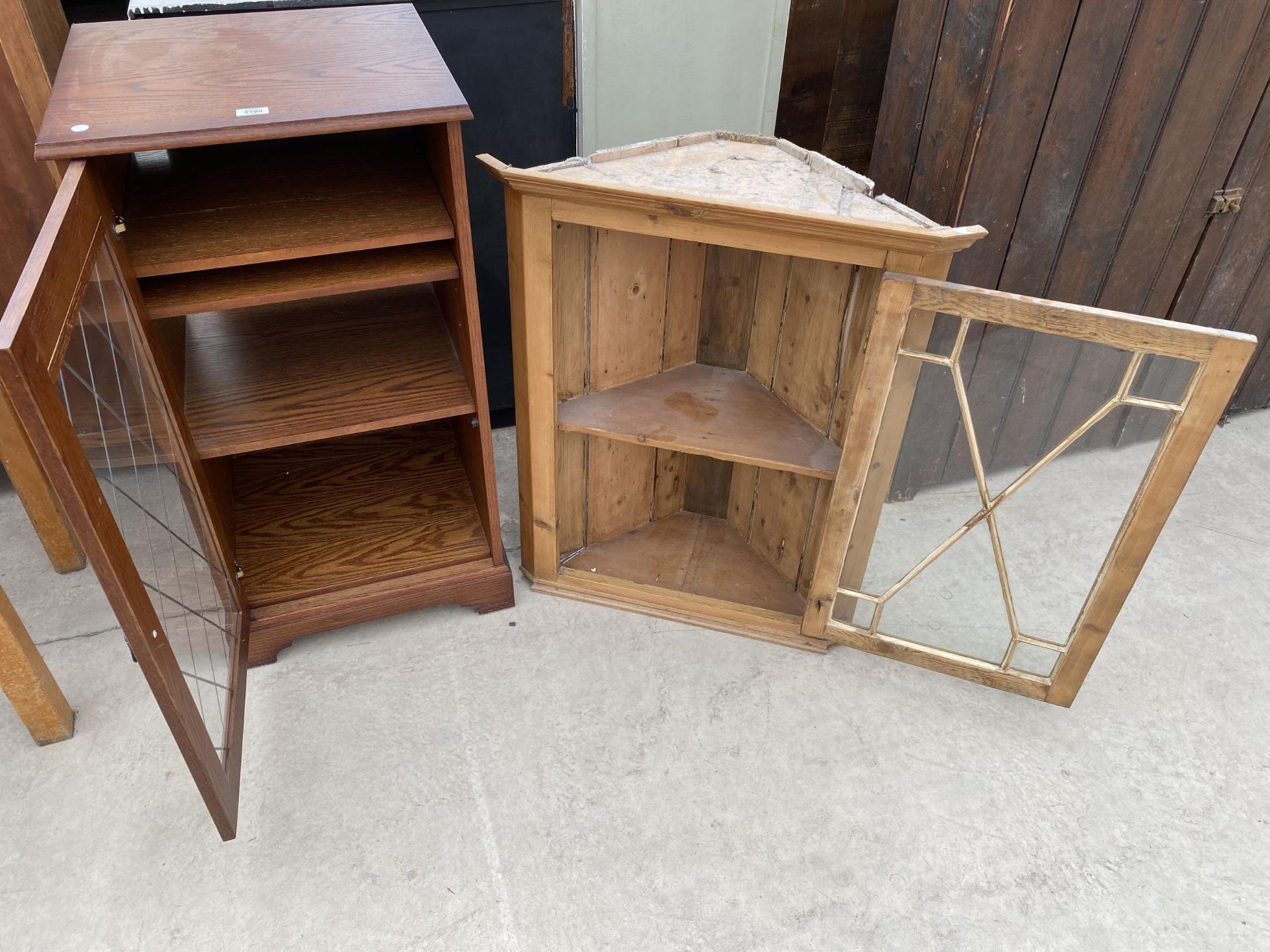 A PINE ASTRAGAL GLAZED CORNER CUPBOARD AND AN OAK STEREO CABINET - Image 2 of 2