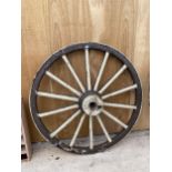 A VINTAGE WOODEN CART WHEEL WITH METAL BANDING (D:161CM)