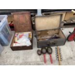 AN ASSORTMENT OF ITEMS TO INCLUDE A VINTAGE FIRST AID KIT, AND VARIOUS MUSICAL INSTRUMENTS (A ONE