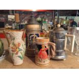 FOUR VARIOUS VESSELS TO INCLUDE TWO STEINS