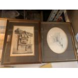 TWO FRAMED BLACK AND WHITE PRINTS DEPICTING VILLIAGE SCENES