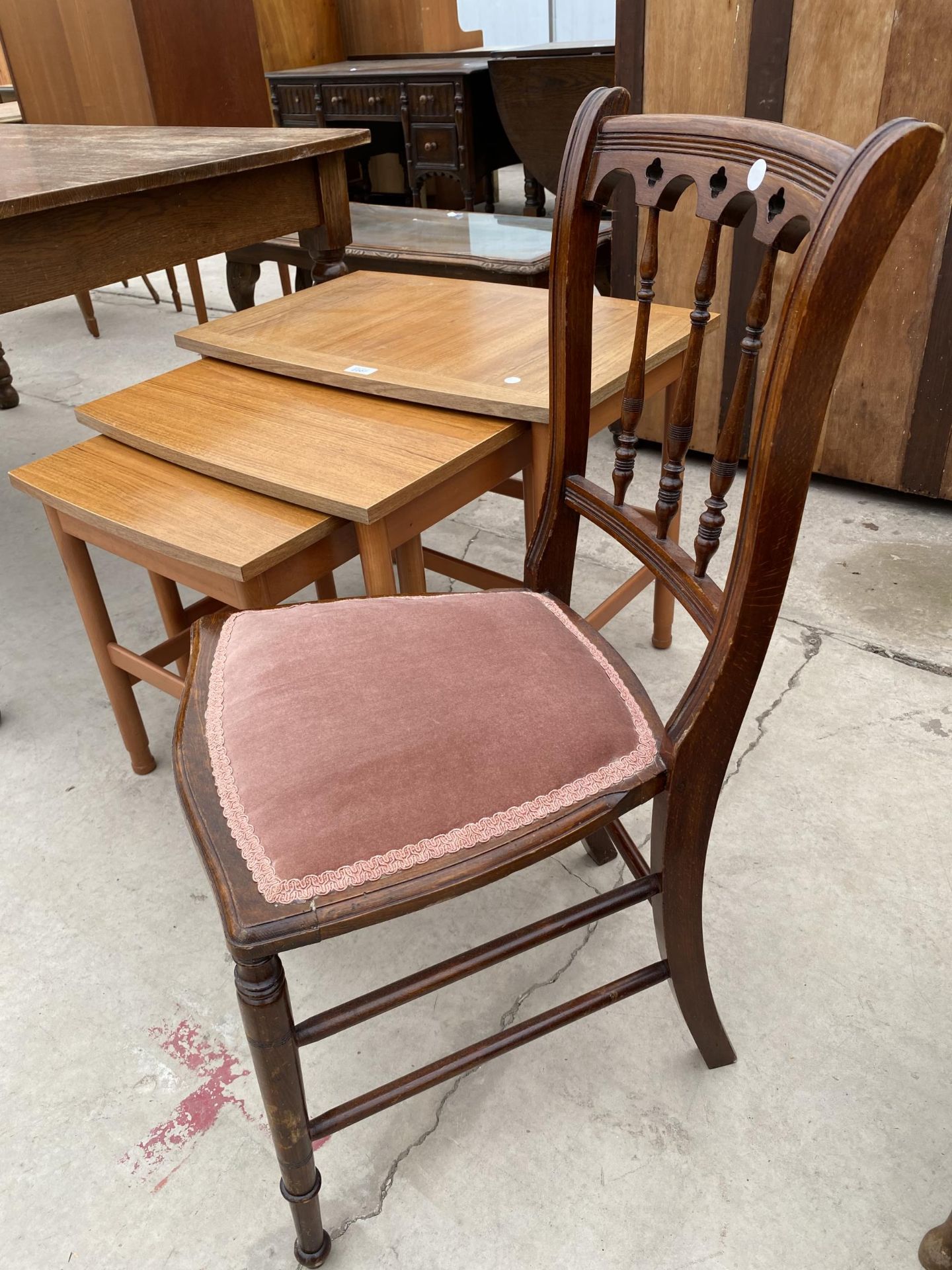 A NEST OF THREE RETRO TEAK SCHREIBER TABLE AND AN EDWARDIAN PARLOUR CHAIR - Image 2 of 5