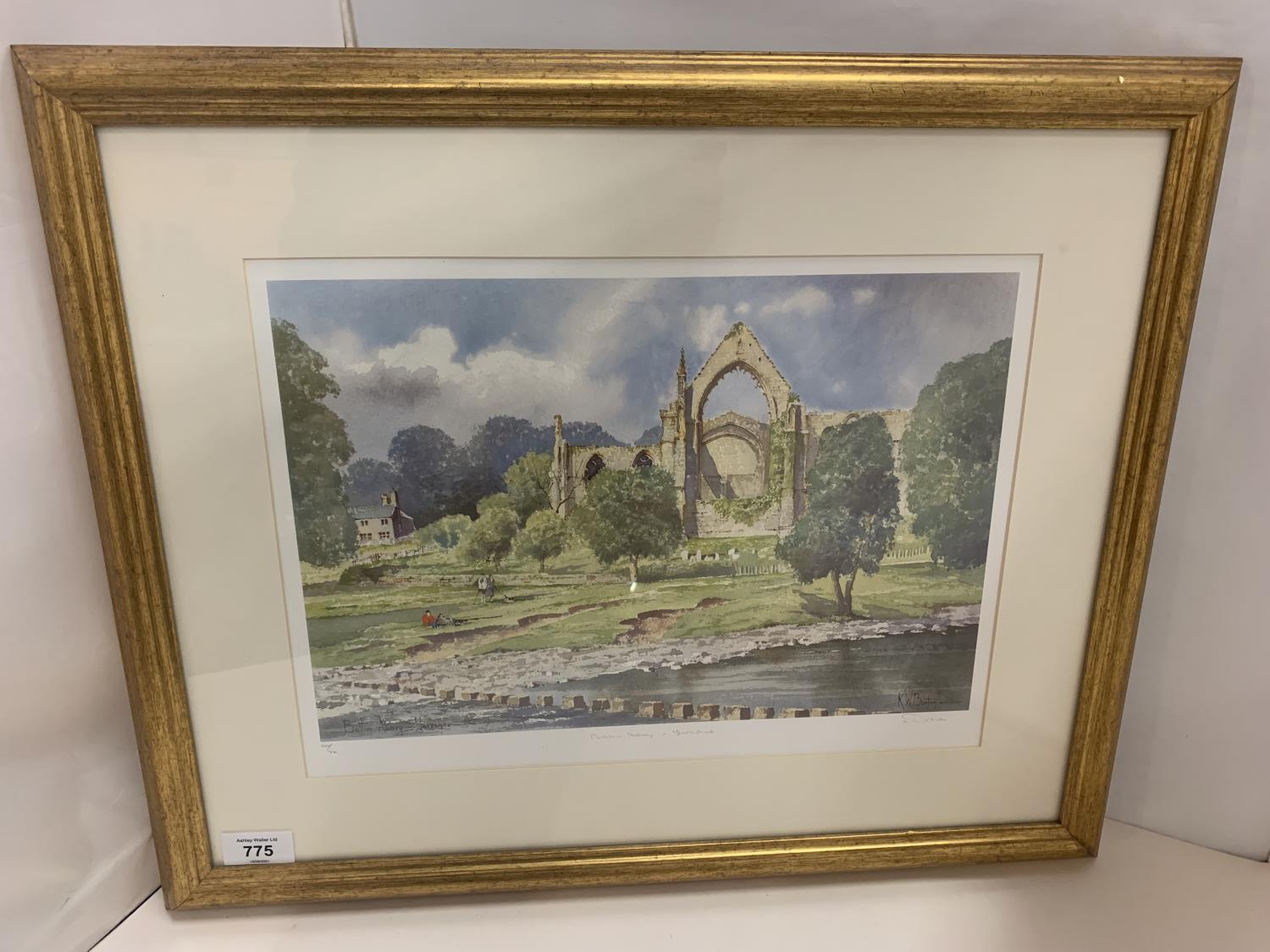 A FRAMED LIMITED EDITION PICTURE OF BOLTON ABBEY YORKSHIRE 620/740