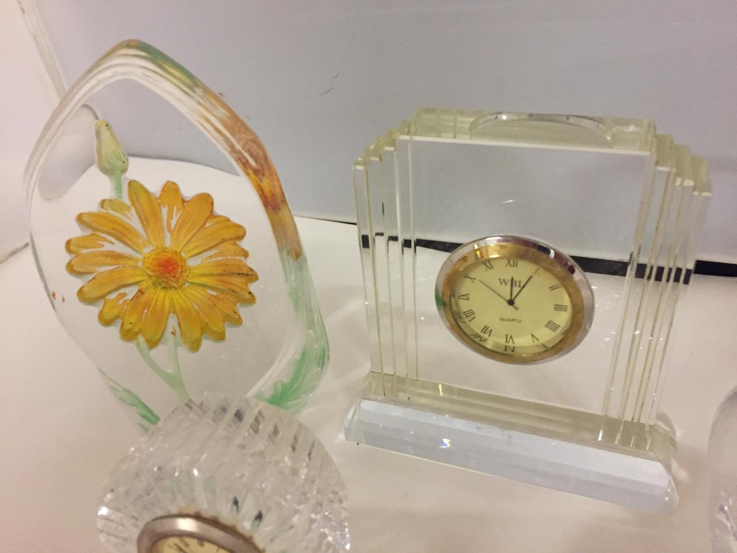 A NUMBER OF CUT GLASS ITEMS TO INCLUDE THREE SMALL CLOCKS AND TWO PAPER WEIGHTS - Image 2 of 4