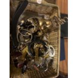 A BASKET CONTAINING VARIOUS WATCHES AND A BRASS BELL