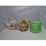 THREE TEAPOTS TO INCLUDE A STONEWARE MONKEY TEAPOT