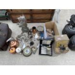 AN ASSORTMENT OF VINTAGE ITEMS TO INCLUDE SILVER PLATE FLATWARE, JUGS AND A PARAFIN BLOW LAMP ETC