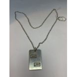 A SILVER ROPE CHAIN 20 INCHES LONG WITH A LARGE HALLMARKED SILVER RECTANGULAR PENDANT