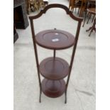 AN EDWARDIAN MAHOGANY 3 TIER FOLDING AFTERNOON TEA STAND