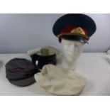 A RUSSIAN PEAKED CAP SIZE 56, AMERICAN PEAKED CAP AND A FORAGE CAP (3)