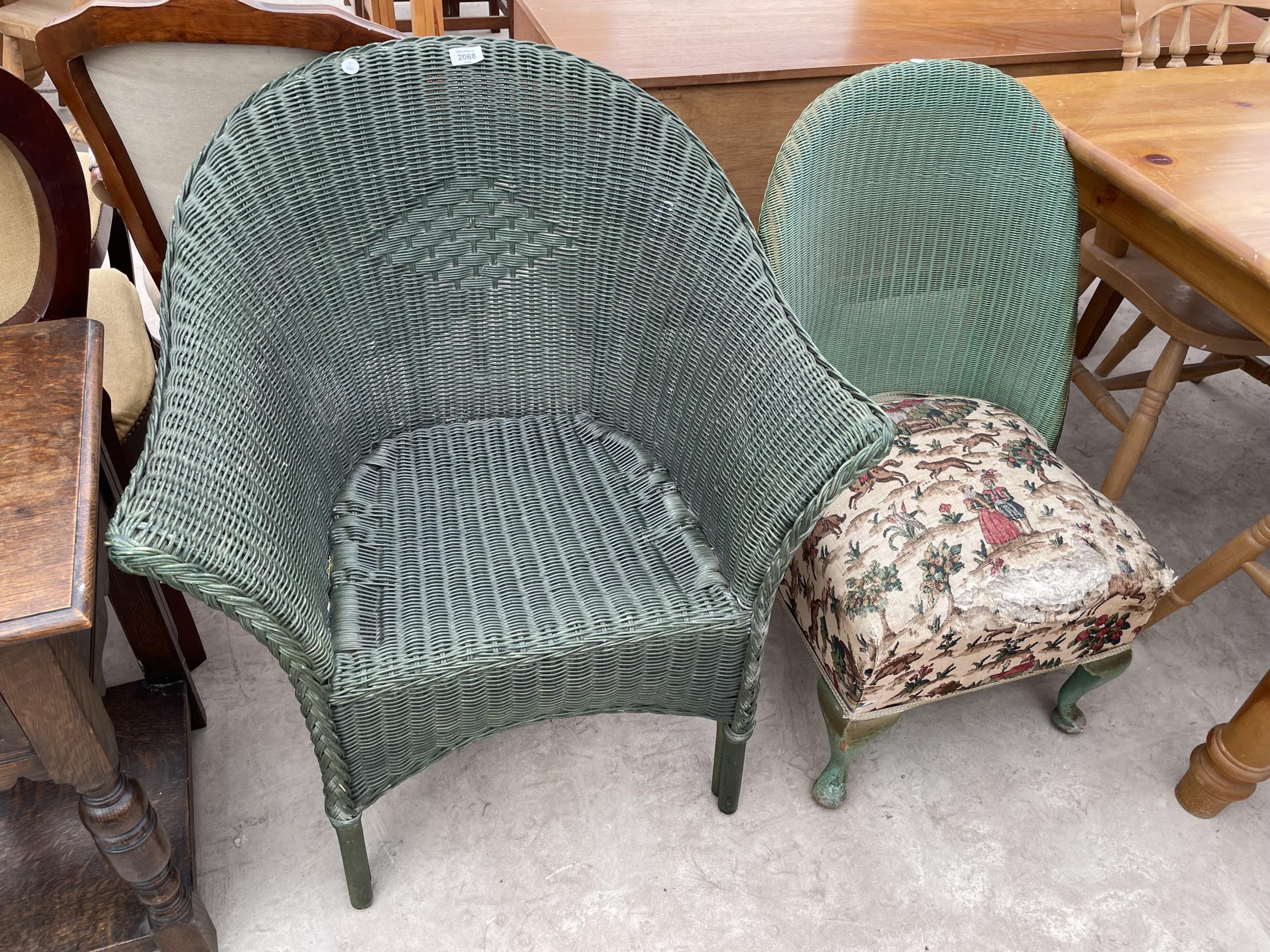 A WICKER CONSERVATORY CHAIR AND LLOYD LOOM BEDROOM CHAIR