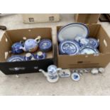 A LARGE COLLECTION OF BLUE AND WHITE CERAMIC WARE TO INCLUDE CHURCHILL PLATES, TEAPOTS AND A PART