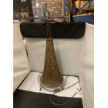 A NORTH AFRICAN EMBOSSED, DECORATIVE DESIGN, PYRAMID/CONICAL LAMP WITH METAL FRAME, HEIGHT APPROX