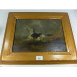 A 19TH CENTURY OIL ON PANEL PAINTING OF A GREY RIDERLESS HORSE IN A NAPOLEONIC WAR BATTLE SCENE,