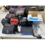 AN ASSORTMENT OF ITEMS TO INCLUDE A NIKON F50 CAMERA,A JVC CAMCORDER, AN ACER LAPTOP AND CAMERA BAGS