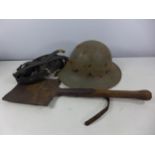 A WORLD WAR II ENTRENCHING TOOL DATED 1940, LENGTH 53CM, AND A GREY PAINTED MILITARY HELMET DATED
