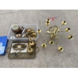 A LARGE QUANTITY OF BRASS ITEMS TO INCLUDE A TRAY, COFFEE POTS AND CANDLE STICKS ETC