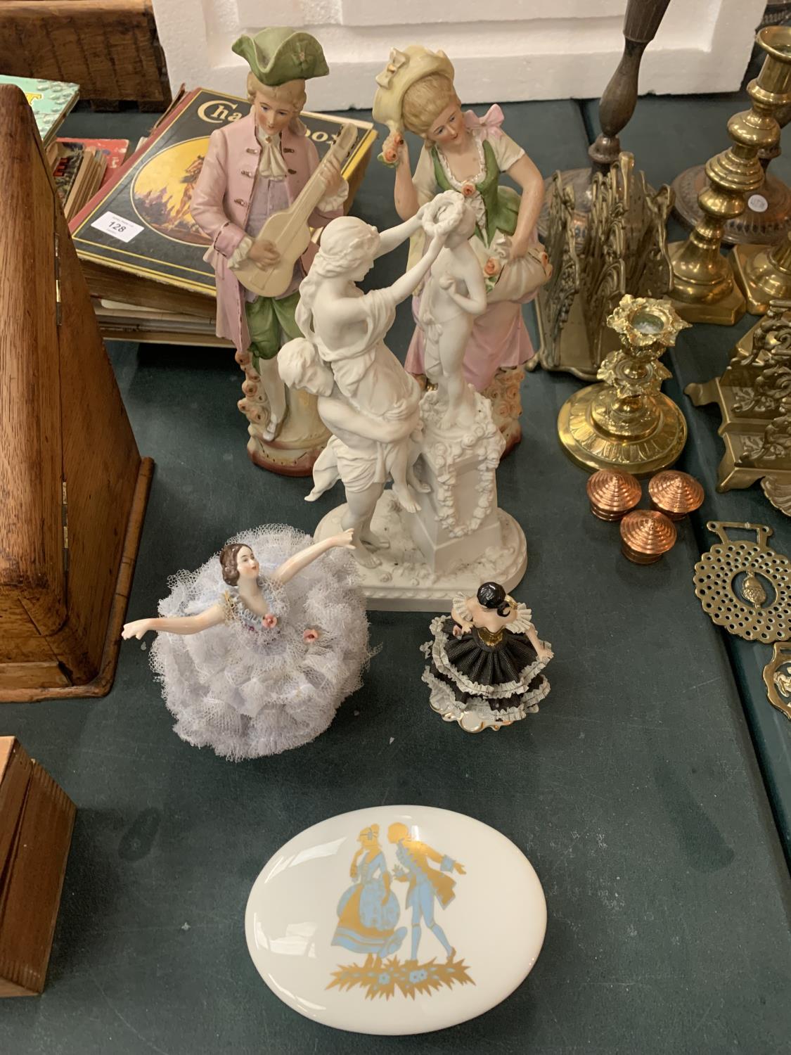 A COLLECTION OF FIGURINES TO INCLUDE A PAIR OF REGENCY STYLE AND A TRINKET BOX
