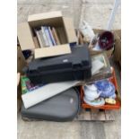 AN ASSORTMENT OF HOUSEHOLD CLEARANCE ITEMS TO INCLUDE BLUE AND WHITE CERAMICS, BOOKS AND FIGURES ETC