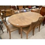 A RETRO TEAK G.PLAN EXTENDING DINING TABLE 64"X44" (EXTRA LEAF 18") AND SIX CHAIRS