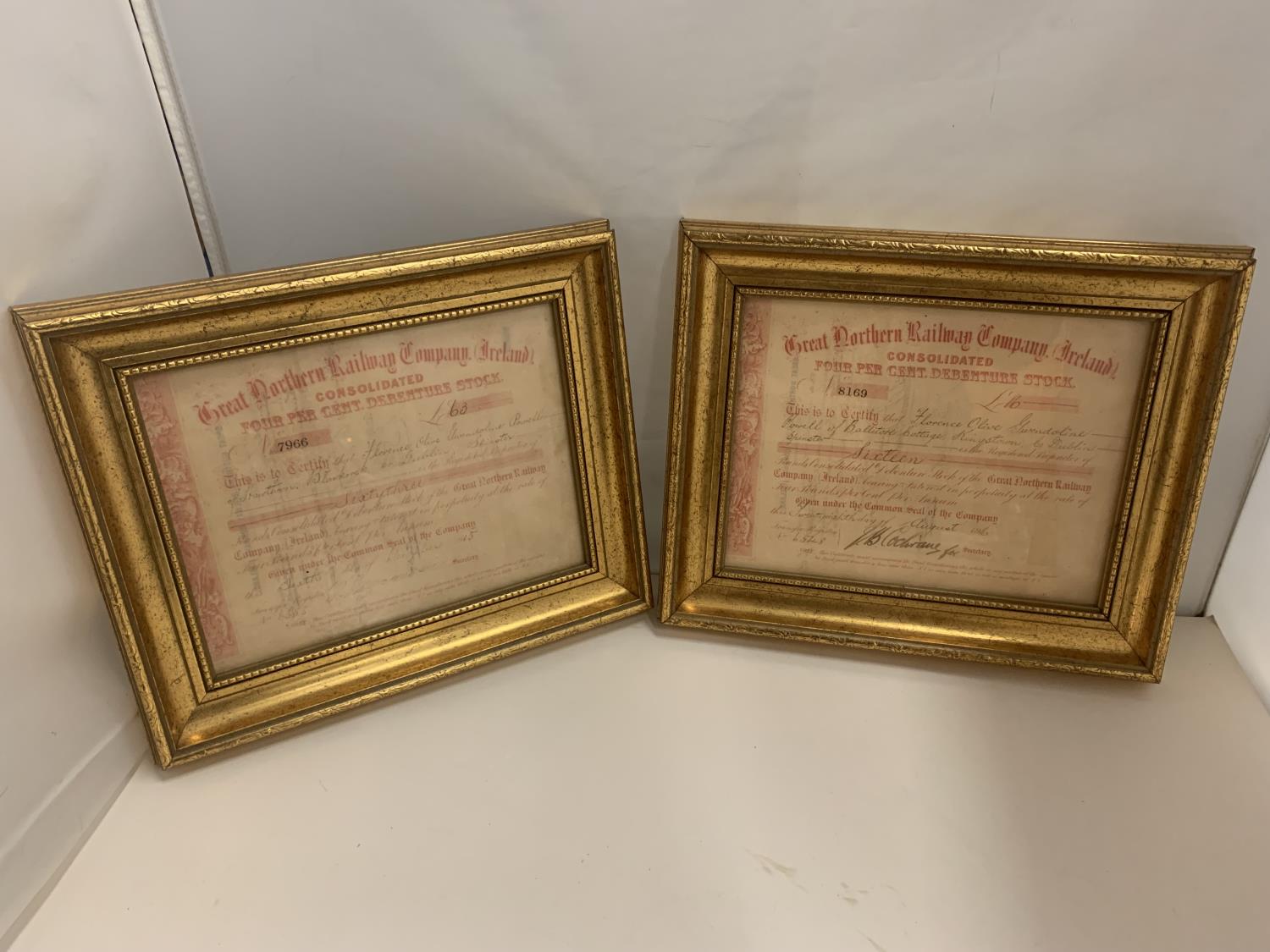 TWO GILT FRAMED GREAT NORTHERN RAILWAY SHARES CERTIFICATES