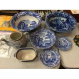 A COLLECTION OF BLUE AND WHITE CHINA BOWLS, PLATES AND A TEAPOT (NO LID)
