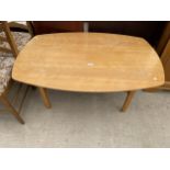 A MODERN BEECH COFFEE TABLE ON BENTWOOD BASE WITH GLASS UNDER SHELF