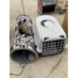 A PET CARRIER, A CAT TUNNEL AND FURTHER PET TOYS
