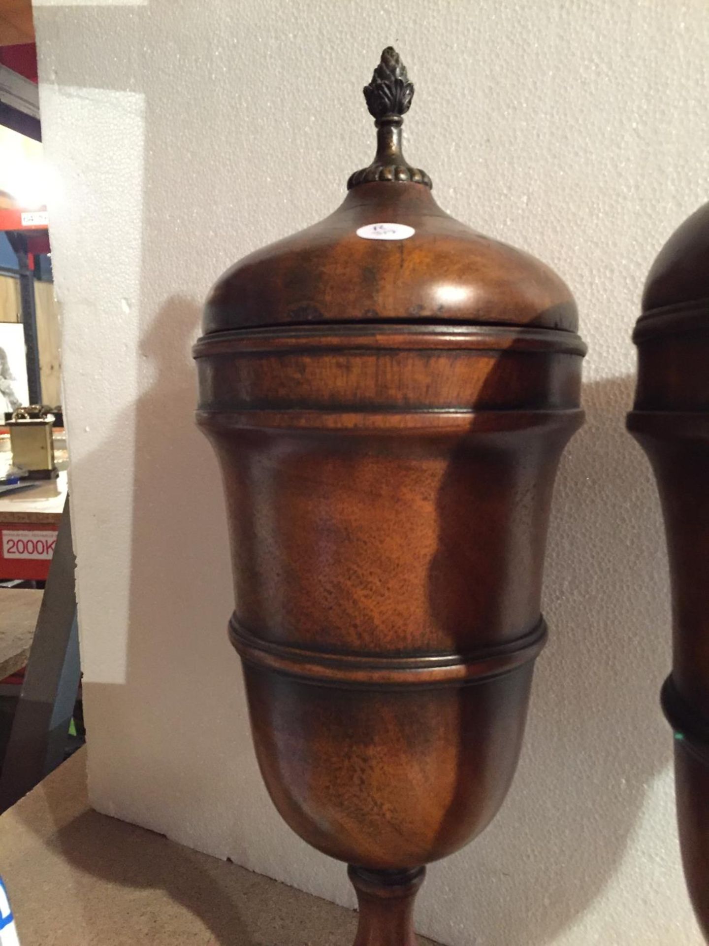 A PAIR OF WOODEN TURNED URNS - Image 3 of 8