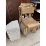 FIVE TUBULAR STEEL STACKING CHAIRS AND A LLOYD LOOM OTTOMAN