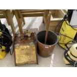 A VINTAGE COPPER WASH TUB AND PLINGER AND A DECORATIVE WOODEN AND BRASS COAL BOX