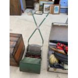 A VINTAGE RANSOMES 12 IN AJAX MK 5 PUSH LAWN MOWER WITH GRASS BOX