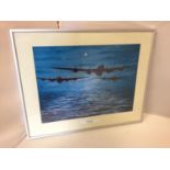 A FRAMED COLOURED PRINT OF OPERATION CHASTISE (DAMBUSTERS) BY TONY SARGENT 29CM X 39CM