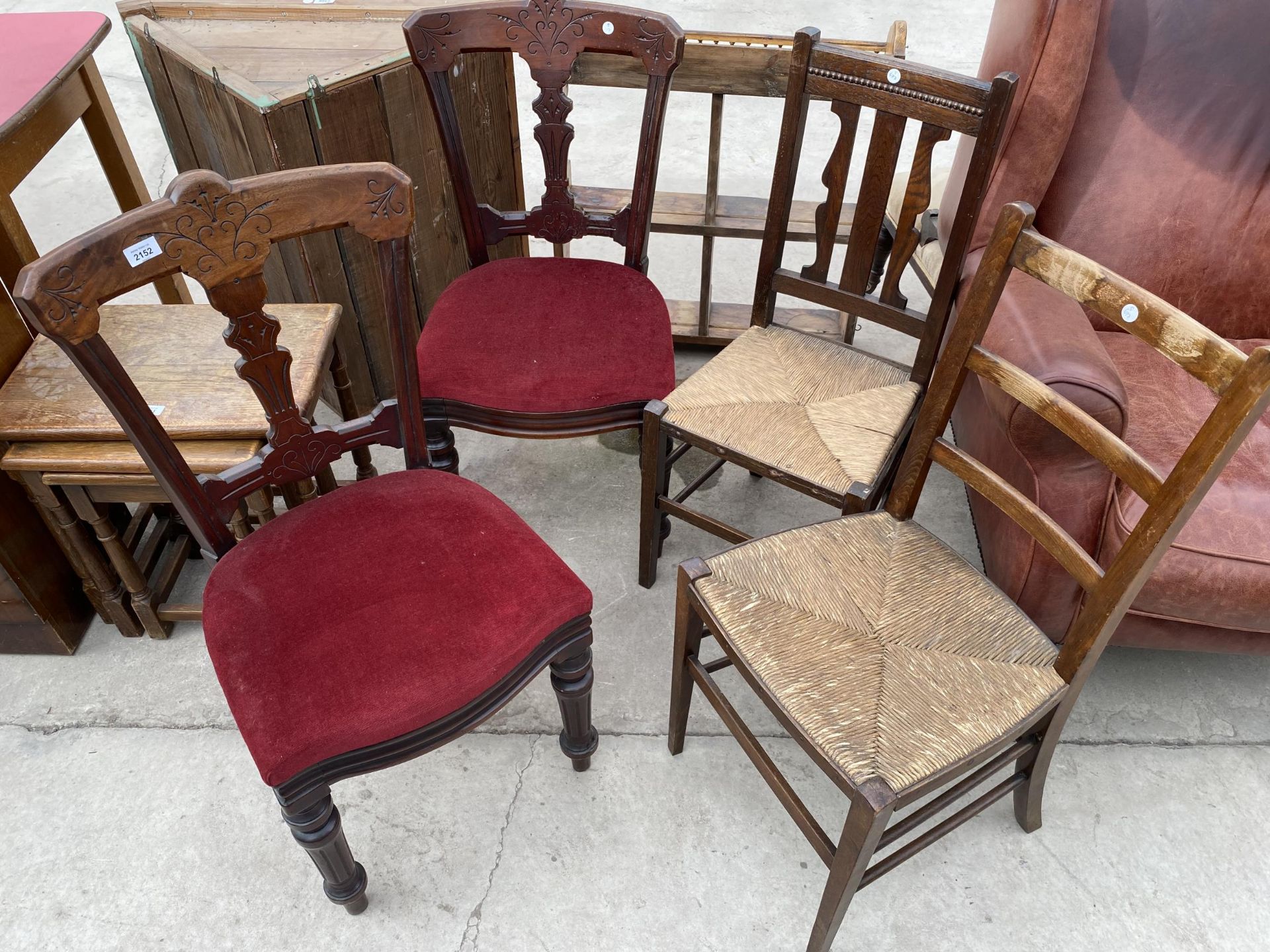 A PAIR OF VICTORIAN MAHOGANY DINING CHAIRS AND TWO OAK RUSH SEATED DINING CHAIRS - Image 2 of 2
