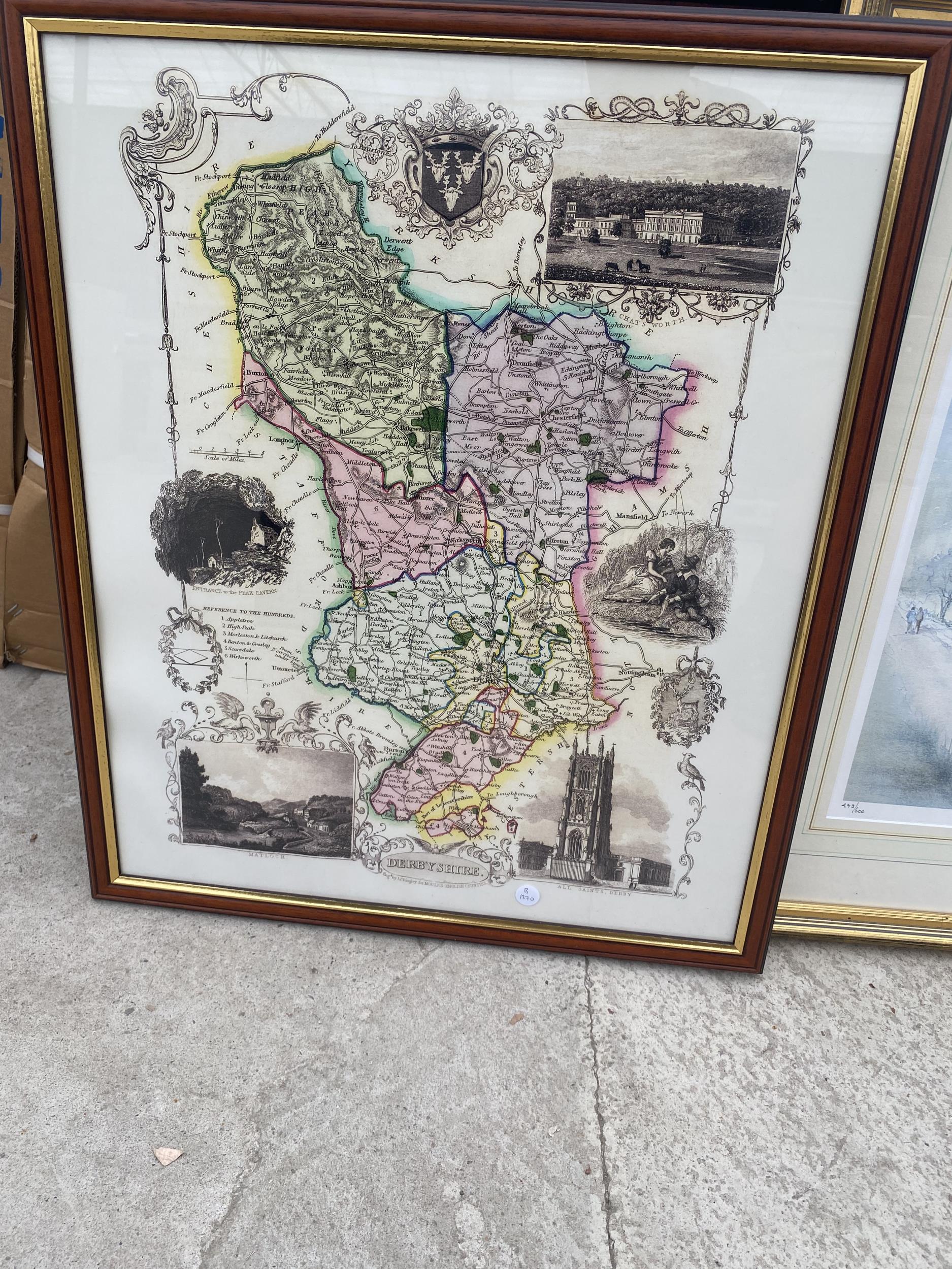 TWO FRAMED PRINTS TO INCLUDE A MAP OF DERBYSHIRE - Bild 3 aus 4