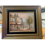 A GILT FRAMED MID /LATE 20TH CENTURY OIL ON CANVAS OF A PARISIAN SCENE WITH INDISTINCT SIGNATURE