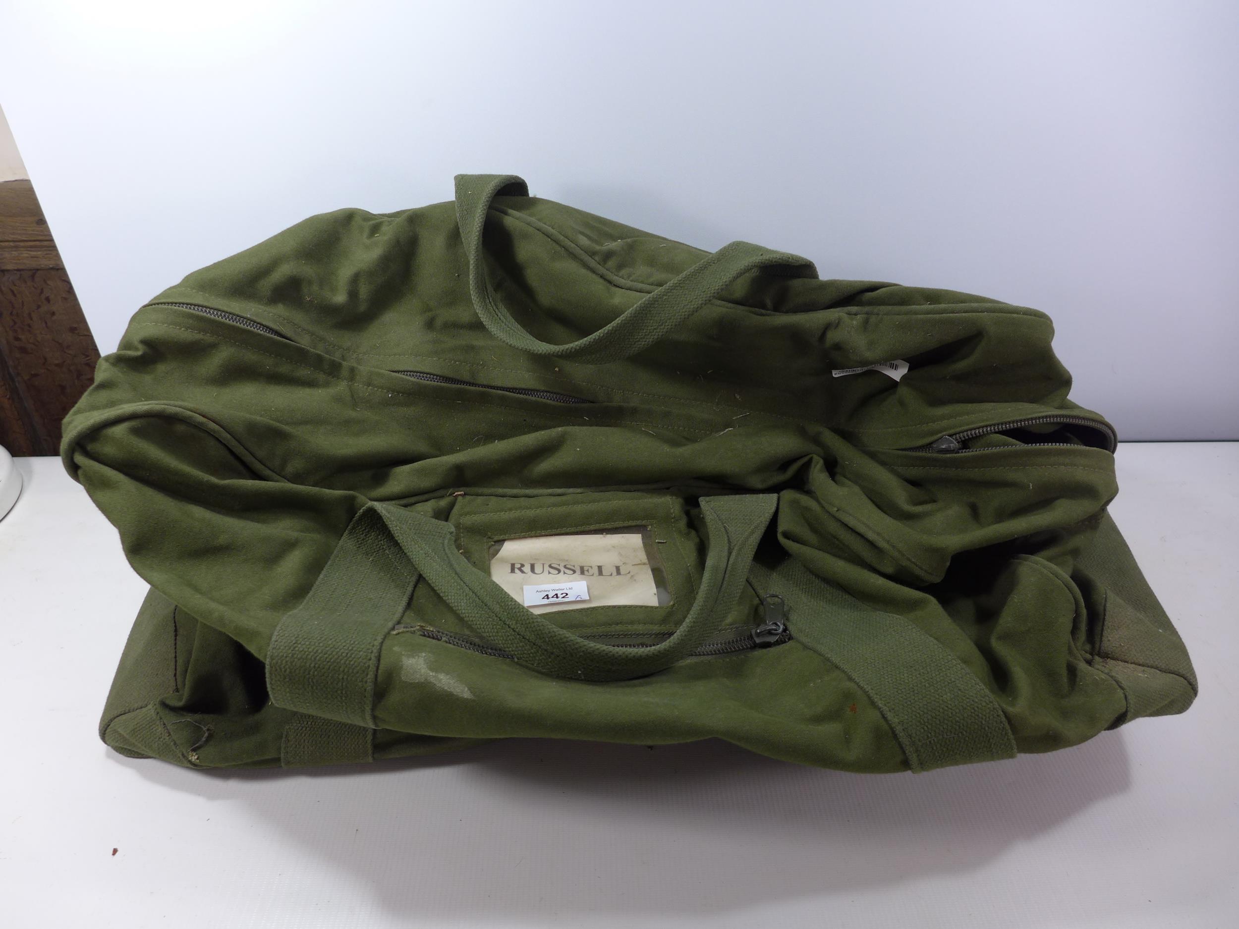 TWO GREEN KIT BAGS WITH RUSSELL LABEL