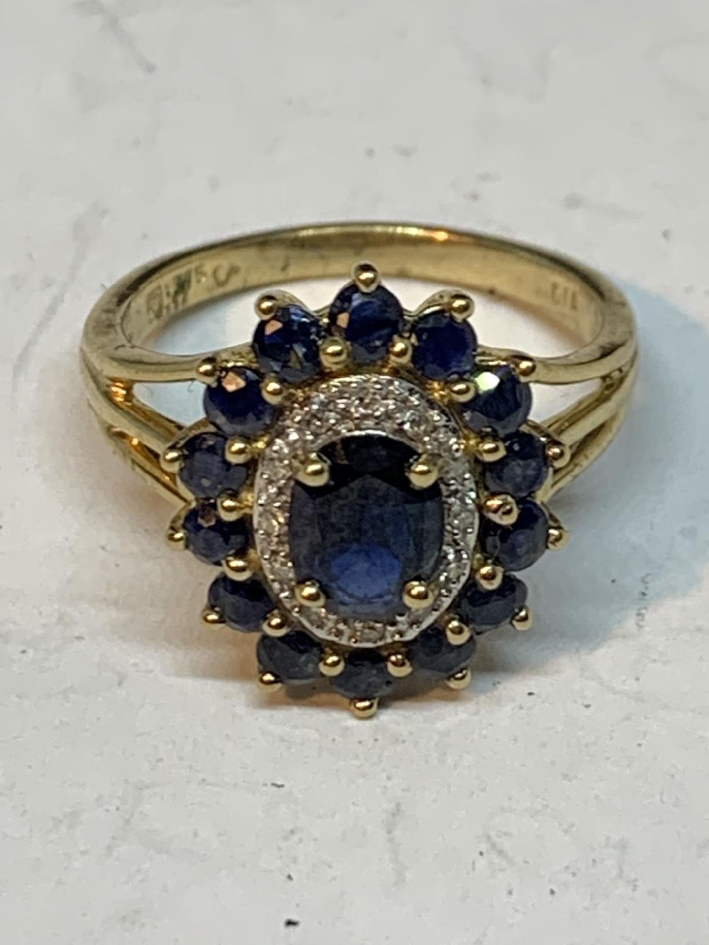 A 9 CARAT GOLD CLUSTER RING WITH A CENTRE SAPPHIRE AND SURROUNDING DIAMONDS AND SAPPHIRES SIZE 0