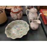 A JAPENESE STYLE COLLECTION TO INCLUDE A JAPENESE STYLE LIDDED JAR, TEA POT , JUG AND A PAINTED BOWL