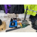 AN ASSORTMENT OF ITEMS TO INCLUDE A HEDGE TRIMMER, A GTECH VACUUM AND CAMPING STOVE ETC
