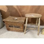 A VINTAGE FOUR LEGGED PINE STOOL AND A FURTHER WICKER BASKET